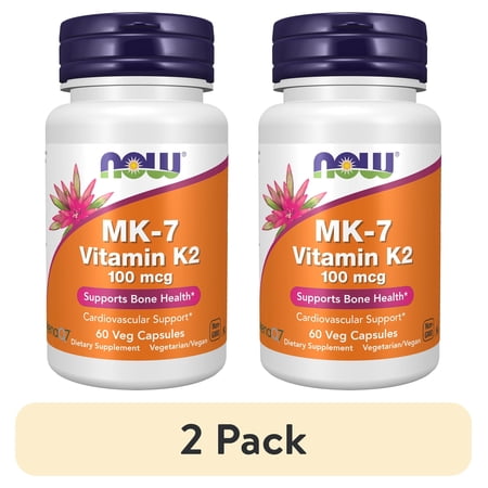 (2 pack) NOW Supplements, MK-7 Vitamin K-2 100 mcg, Cardiovascular Support*, Supports Bone Health*, 60 Veg Capsules