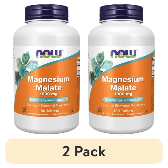 (2 pack) NOW Supplements, Magnesium Malate 1000 mg, Energy Production*, Nervous System Support*, 180 Tablets