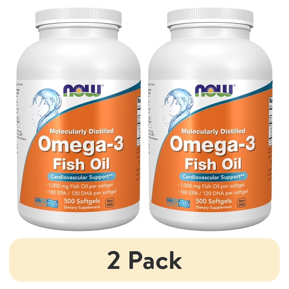(2 pack) NOW Supplements, Omega-3 180 EPA / 120 DHA, Molecularly Distilled, Cardiovascular Support, 500 Softgels