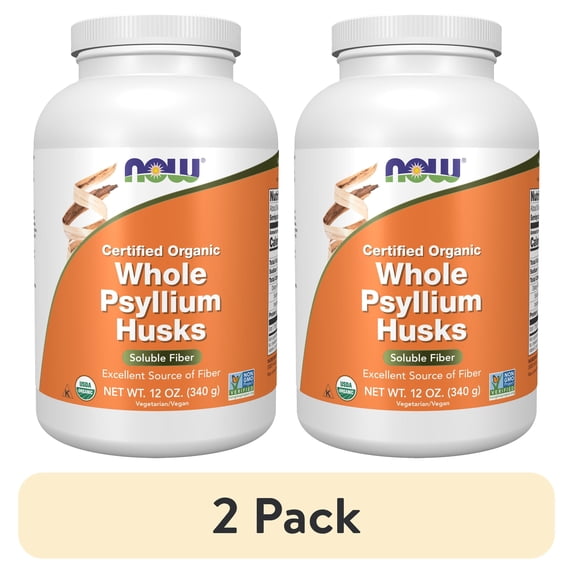 (2 pack) NOW Supplements, Whole Psyllium Husks, Certified Organic, Non-GMO Project Verified, Soluble Fiber, 12-Ounce