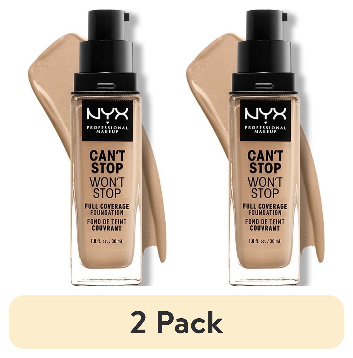 (2 pack) NYX Professional Makeup Can't Stop Won't Stop 24hr Full Coverage Liquid Foundation, Matte Finish, Waterproof, Buff, 1 fl oz