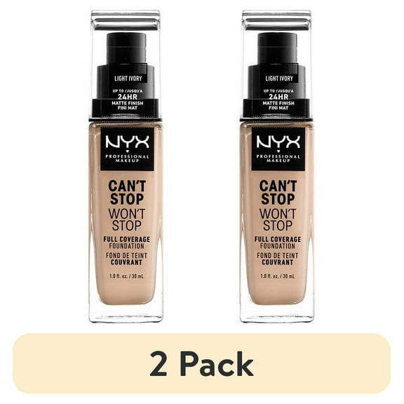 (2 pack) NYX Professional Makeup Can't Stop Won't Stop 24hr Full Coverage Liquid Foundation, Matte Finish, Waterproof, Light Ivory