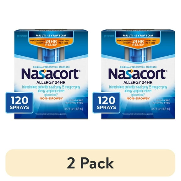(2 pack) Nasacort 24-Hour Allergy Nasal Spray, Non-drowsy & Alcohol Free, 120 Sprays, 0.57 fl. oz.