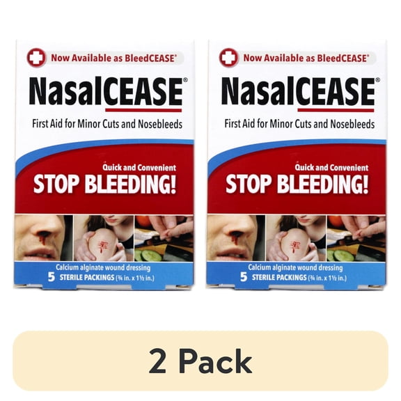 (2 pack) NasalCEASE First Aid Calcium Alginate Wound Dressing for Minor Cuts and Nosebleeds, Twist-or-Fold Insertion and Apply-Pressure Instructions, 5 Sterile Packings
