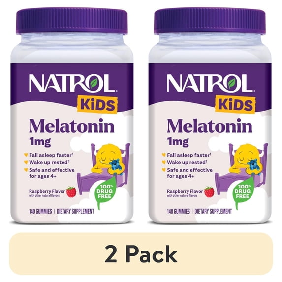 (2 pack) Natrol® Kids Melatonin, Sleep Gummies for Children, Raspberry Flavor, 1mg, 140 Count