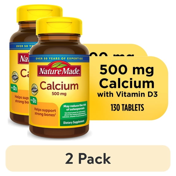 (2 pack) Nature Made Calcium 500 mg, with Vitamin D3 for Immune Support, Tablets, 130 Count helps support Bone Strength