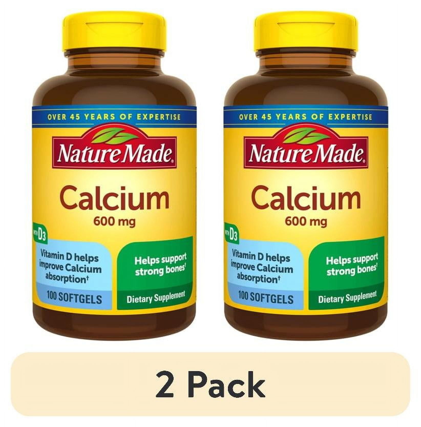 (2 pack) Nature Made Calcium 600 mg with Vitamin D3 Softgels, Dietary Supplement, 100 Count