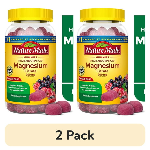 (2 pack) Nature Made High Absorption Magnesium Citrate 200 mg per Serving Gummies, 64 Count