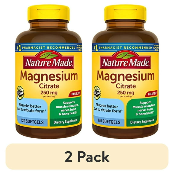 (2 pack) Nature Made Magnesium Citrate 250 mg/serving, for Muscle, Bone and Heart Support, 120 Softgels, 60 Day Supply