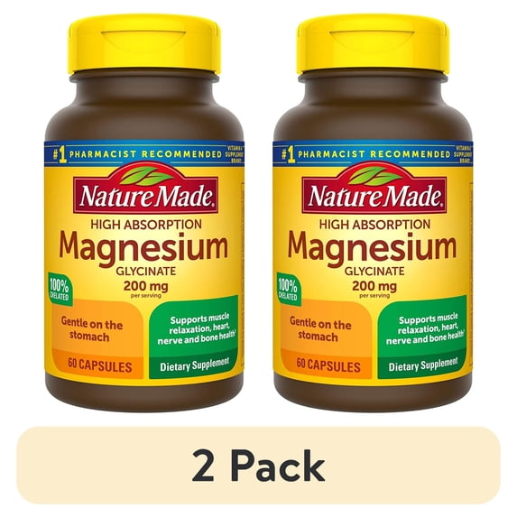 (2 pack) Nature Made Magnesium Glycinate 200 mg per Serving, Dietary Supplement for Muscle, Heart, Nerve and Bone Support, 60 Capsules, 30 Day Supply