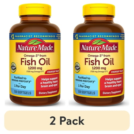 (2 pack) Nature Made Omega 3 Fish Oil 1200mg One per Day Softgels, Fish Oil Supplements, 120 Count