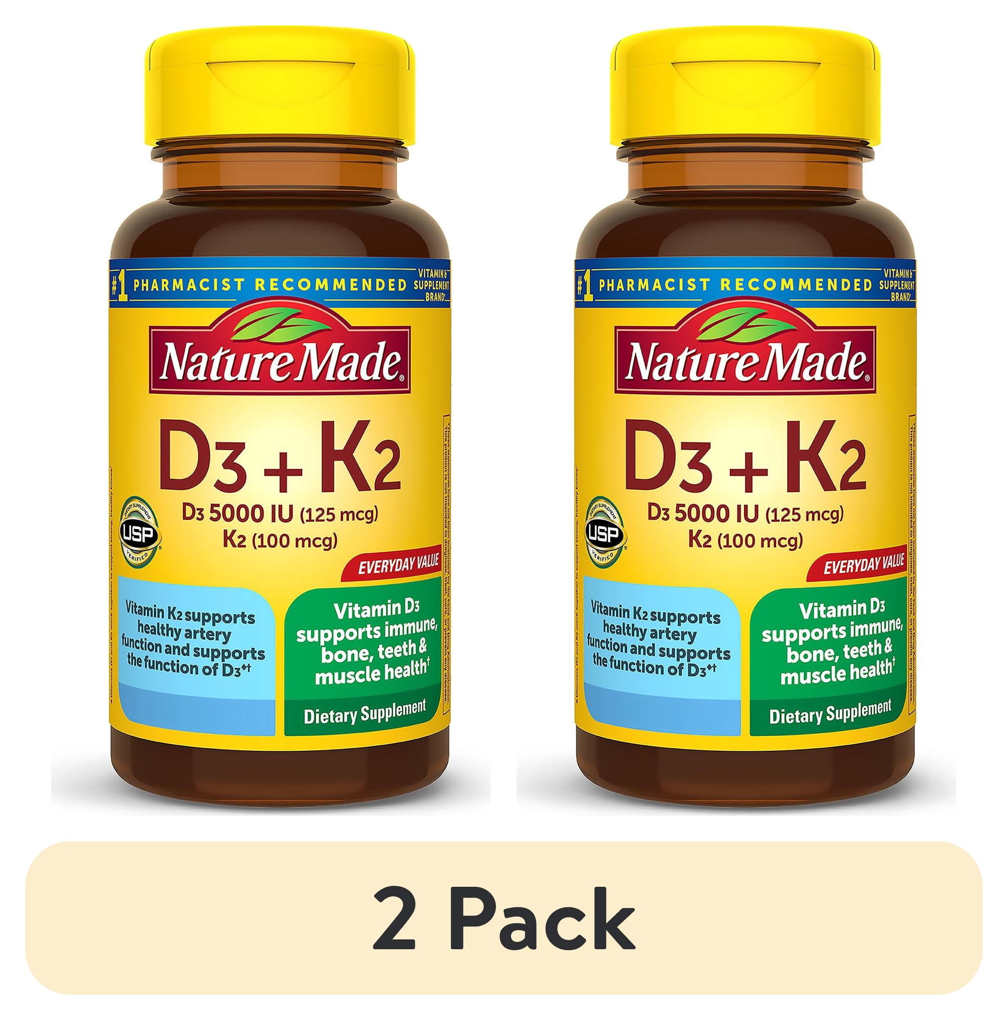 (2 pack) Nature Made Vitamin D3 K2 Supplement, 5000 IU (125 mcg) Vitamin D Softgels, 60 Count