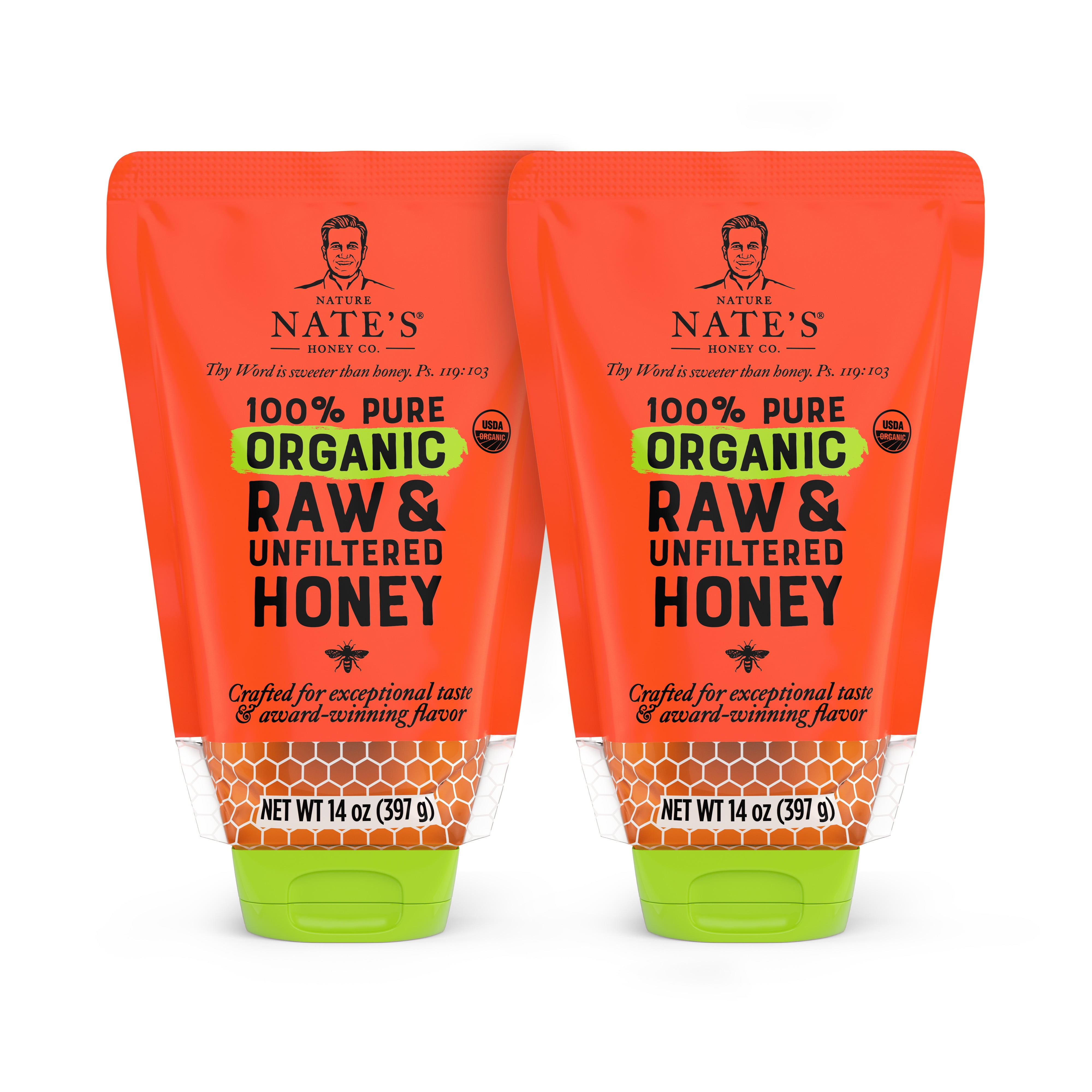 (2 pack) Nate's Organic Honey: 100% Pure, Raw, and Unfiltered Honey Pouch, 14 fl oz Gluten-Free Honey