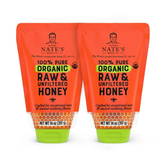 (2 pack) Nate's Organic Honey: 100% Pure, Raw, and Unfiltered Honey Pouch, 14 fl oz Gluten-Free Honey