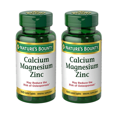 (2 pack) Nature's Bounty Calcium, Magnesium, Zinc Coated Caps for Bone Health, 100 Ct