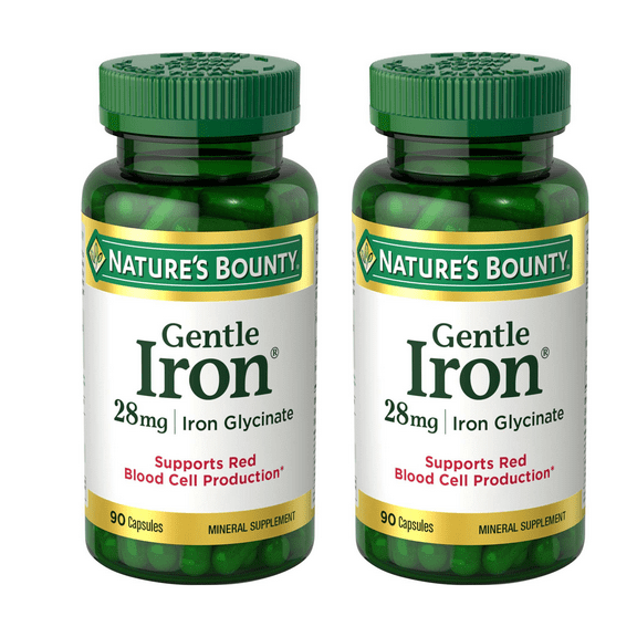 (2 pack) Nature's Bounty Gentle Iron Glycinate 28 mg Capsules, Supports Red Blood Cells, 90 Ct