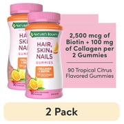 2 pack Natures Bounty Hair Skin and Nails Vitamin with Collagen and Biotin, Womens Multivitamin, Tropical Citrus Gummies, 90 Ct