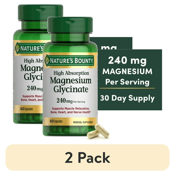 (2 pack) Nature's Bounty High Absorption Magnesium Glycinate Supplements, 240mg, Supports Muscle Relaxation, Bone Heart and Nerve Health, 60 Capsules