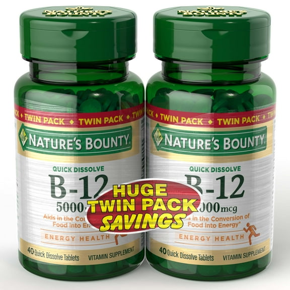 (2 pack) Nature's Bounty Vitamin B12 5000 mcg Tablets for Energy Metabolism, 40 Ct