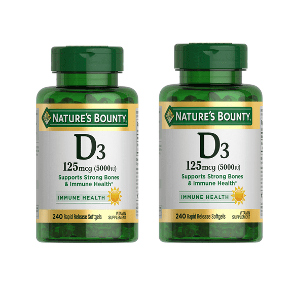 (2 pack) Natures Bounty Vitamin D3 5000 IU Softgels for Bone & Immune Support, Vitamin Supplement, 240 Ct