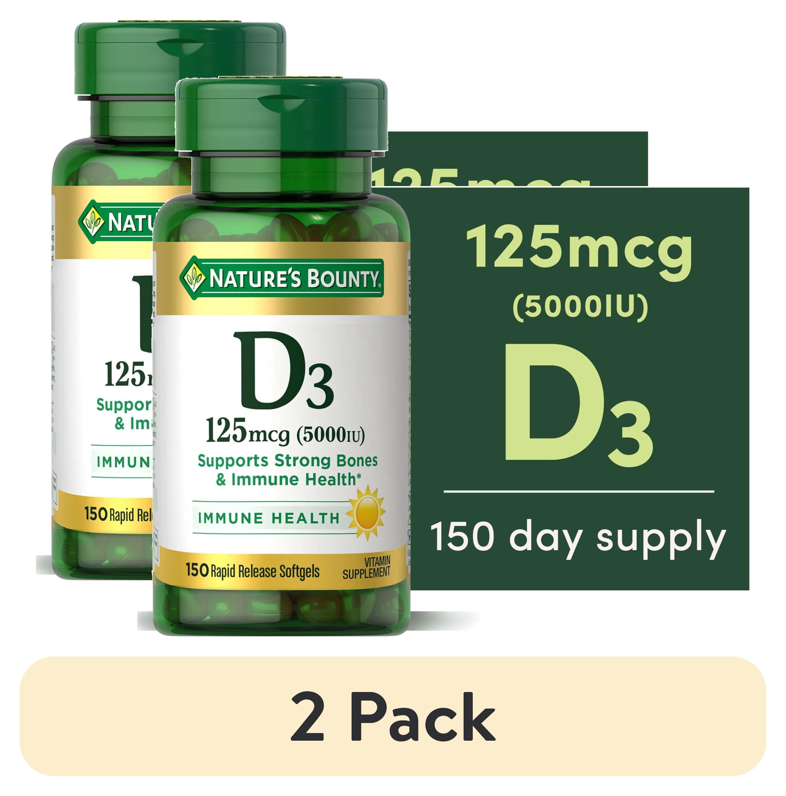 (2 pack) Nature's Bounty Vitamin D3 Cholecalciferol 125 mcg 5000 IU Softgels, Immune & Bone Health Support, High Potency, 150 Count
