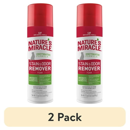 (2 pack) Nature's Miracle Cat Stain and Odor Remover Foam for Carpet, Hard Floors, Fabric and Furniture, 17.5 oz