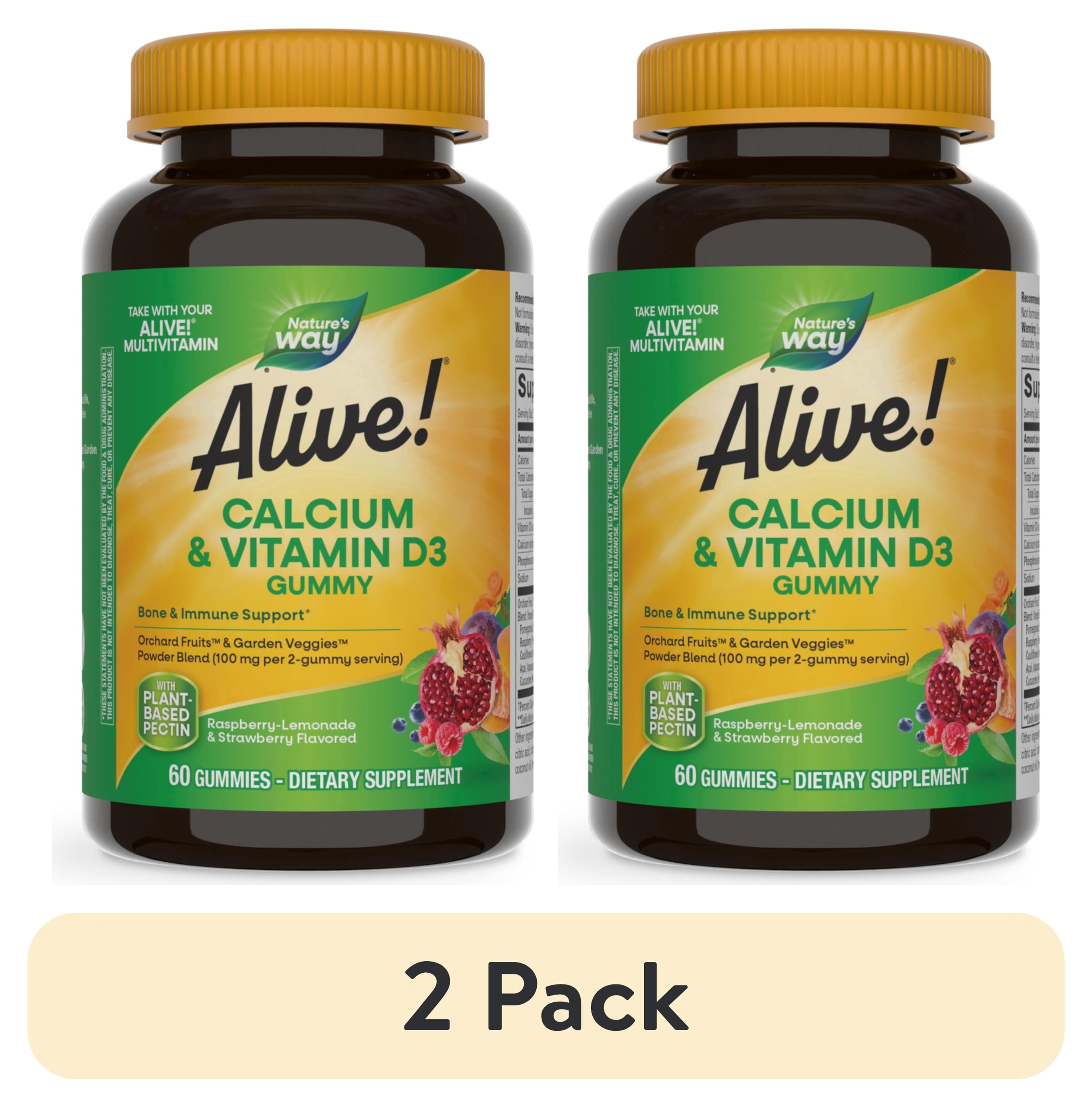 (2 pack) Nature's Way Alive! Calcium & Vitamin D3 Gummies, Strawberry & Raspberry-Lemonade Flavored, 60 Count