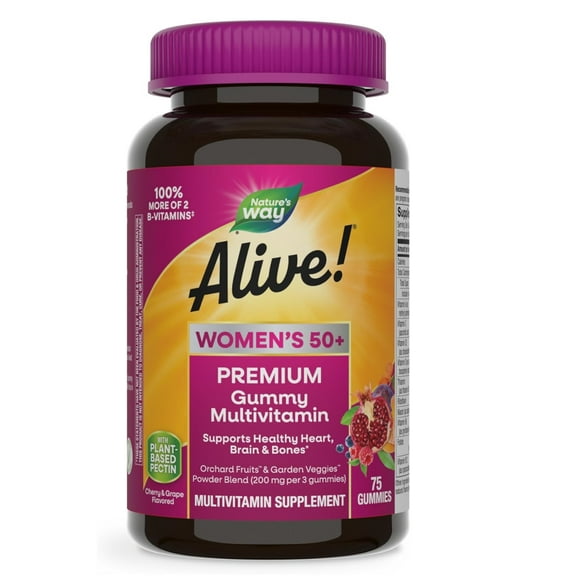 (2 pack) Natures Way Alive! Womens 50+ Premium Gummies Multivitamin, 16 Vitamins and Minerals, Grape and Cherry Flavored Gummies, 75 Gummies
