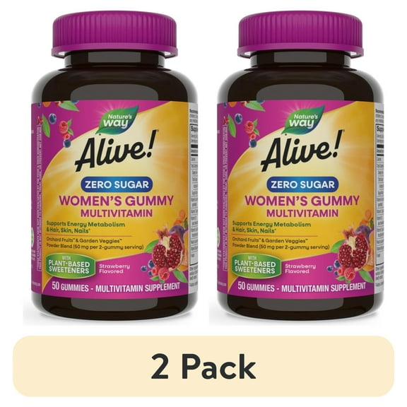 (2 pack) Natures Way Alive! Womens Gummy Multivitamin, Zero Sugar, Strawberry Flavored, 50 Count