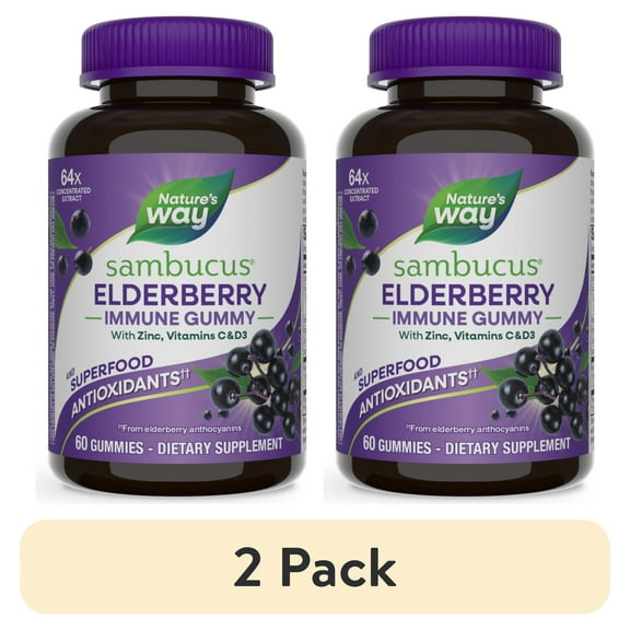(2 pack) Nature's Way Sambucus Elderberry Immune Gummies, with Vitamins C, D3, & Zinc, Unisex, 60 Count