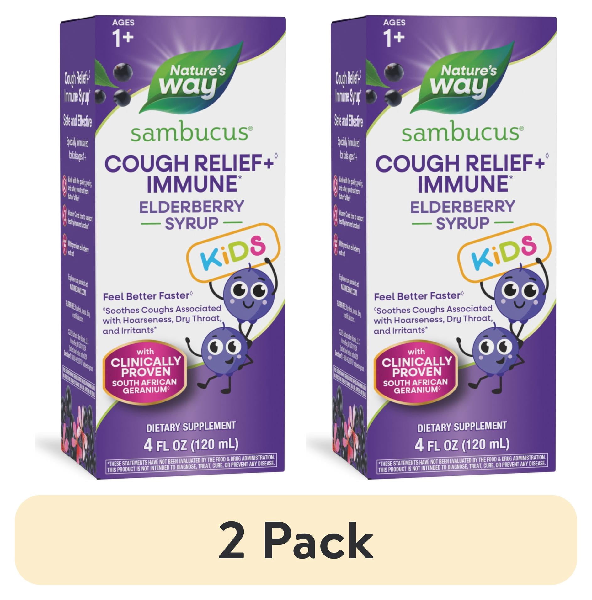 (2 pack) Nature's Way Sambucus Kids Cough Relief + Immune Elderberry Syrup, with Vitamin C & Zinc, 4 fl oz
