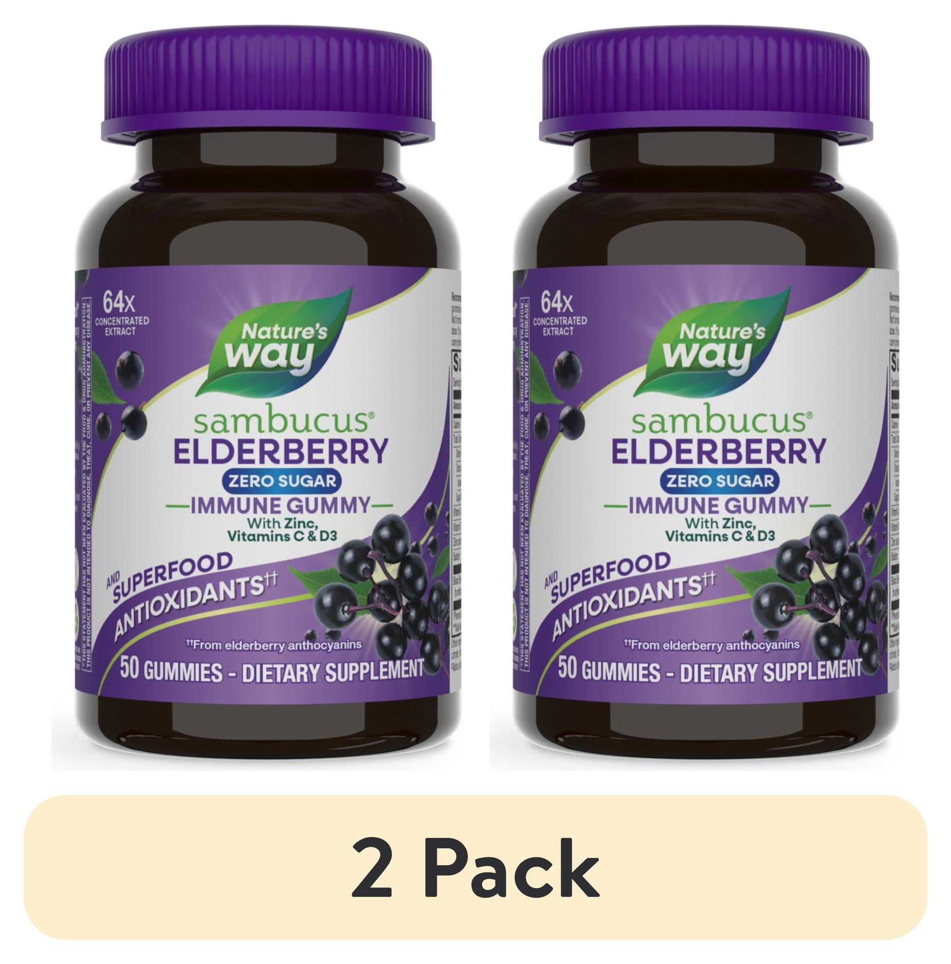 (2 pack) Nature’s Way Sambucus Zero Sugar Elderberry Immune Gummies, with Vitamins C, D3 & Zinc, Unisex, 50ct
