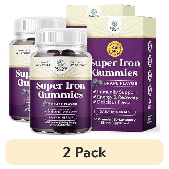 (2 pack) Natures Craft Extra Strength 45mg Iron Gummies with Vitamin C & B Complex, Grape Flavor, 60 Count
