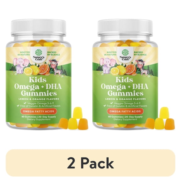 (2 pack) Natures Craft Kids DHA Omega 3 6 9 Gummies, Fish-Free Vegan Supplement, 60 Count
