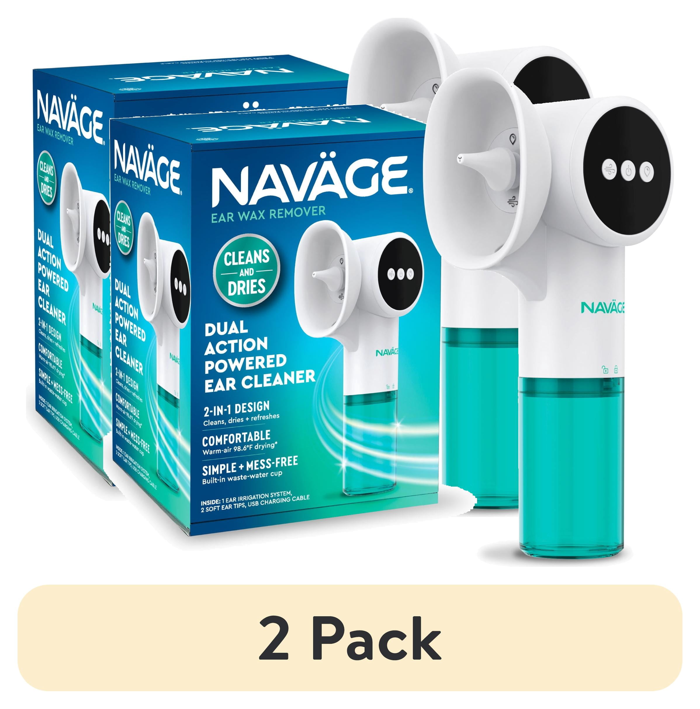 (2 pack) Navage Dual Action Ear Cleaner & Dryer System, Rechargeable, 5 Pressure Modes, For Ages 6+, Includes 2 Tips