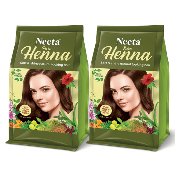 (2 pack) Neeta 100% Natural Pure Henna with 9 Herbs for hair, Chemical Free Dye, Soft & Shiny hair, 4.40 oz