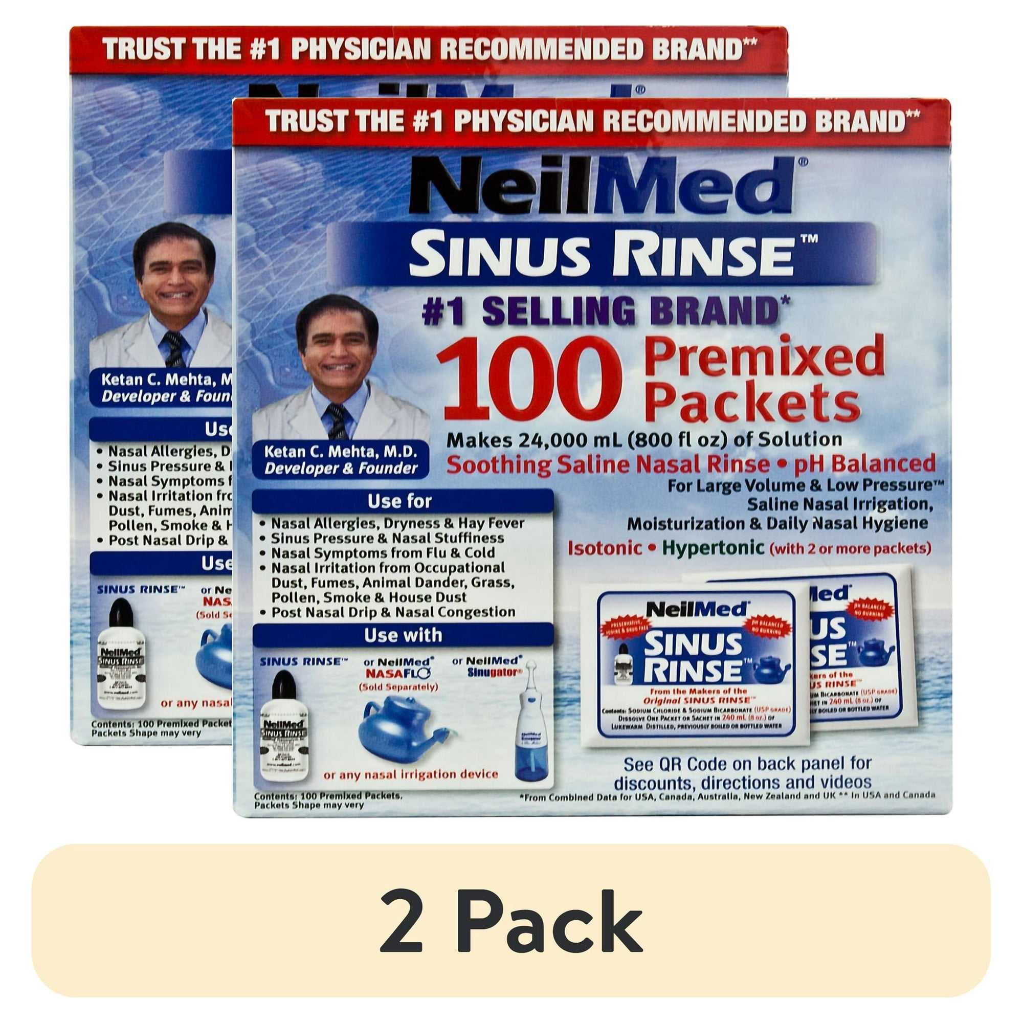 (2 pack) NeilMed Sinus Rinse Premixed Saline Packets – 100 Count, pH Balanced, Preservative-Free
