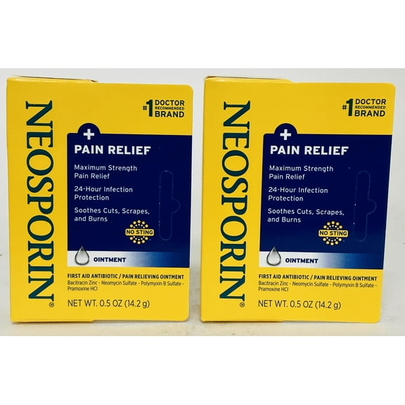 (2 pack) (2 pack) Neosporin + Pain Relief Dual Action Topical Antibiotic Ointment,.5 oz