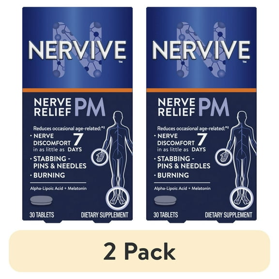 (2 pack) Nervive PM Nerve Relief Tablets, Nighttime Nerve Pain Relief with Vitamin B12 and ALA, 30 Count