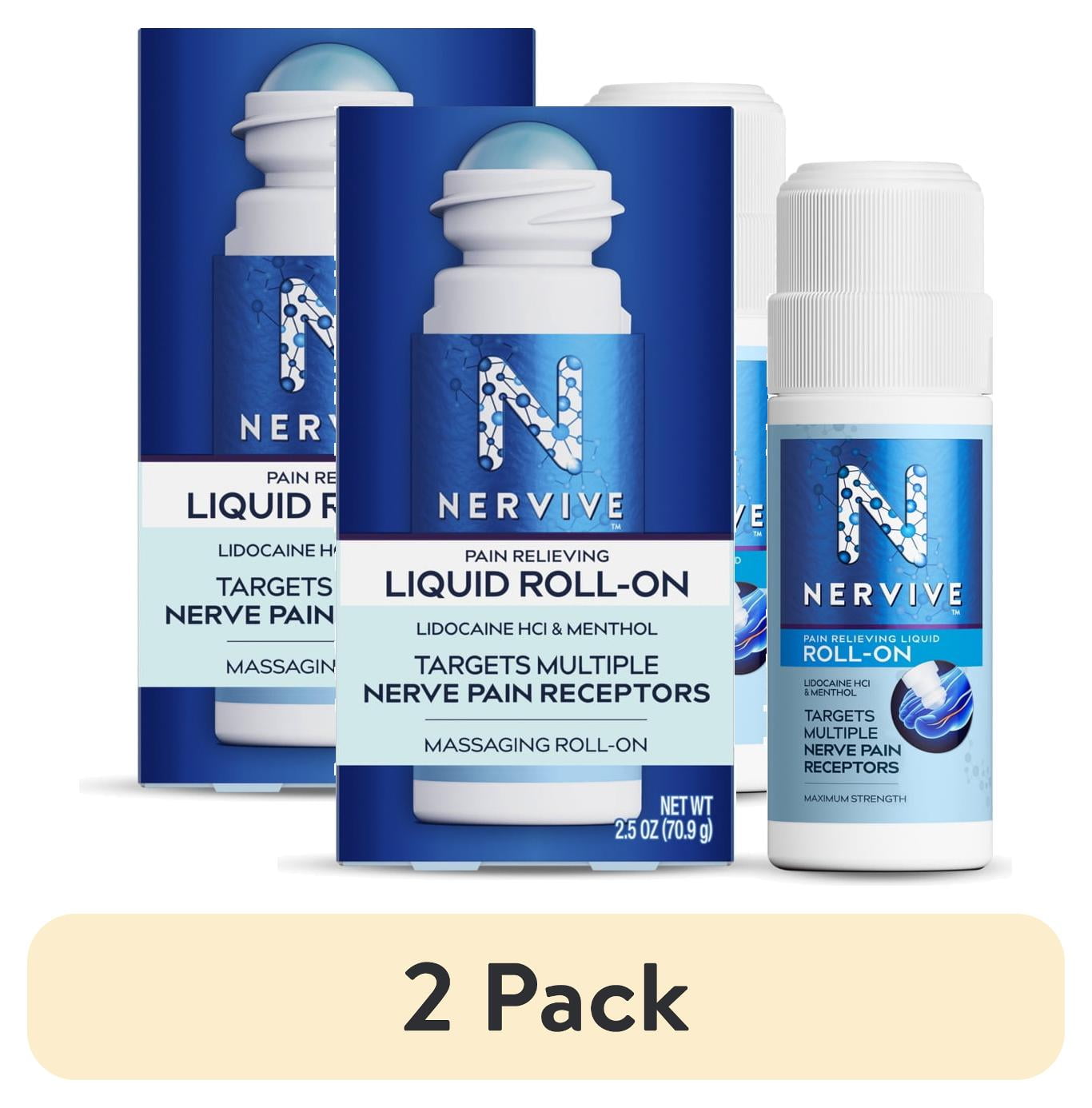 (2 pack) Nervive Topical Pain Relief Roll on, Numbing Lidocaine for Nerve Pain in Hands and Feet, 2.5 oz