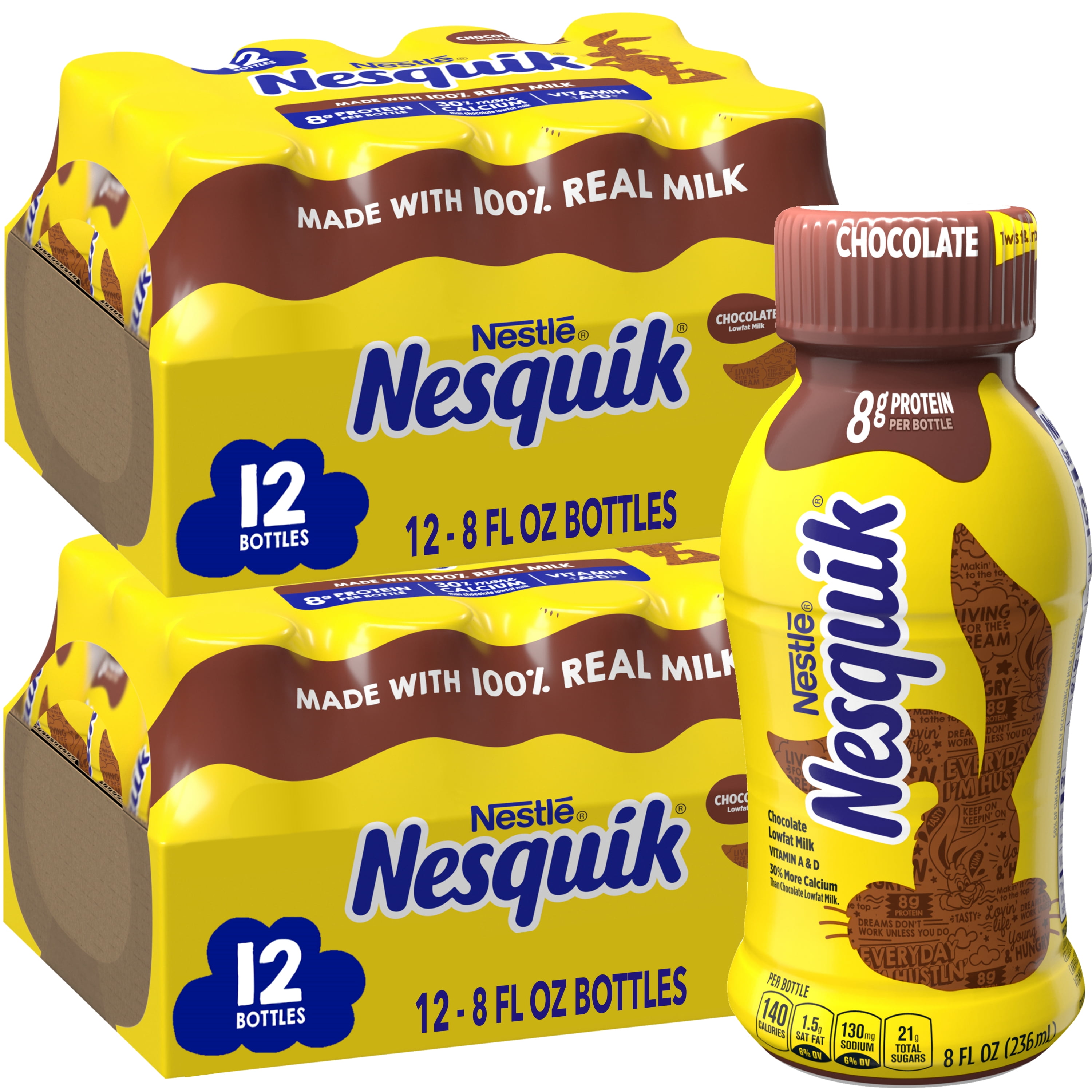 (2 pack) Nesquik Chocolate Milk, Ready to Drink, Low-fat Milk, 12 Bulk Pack, 8 fl oz Bottles