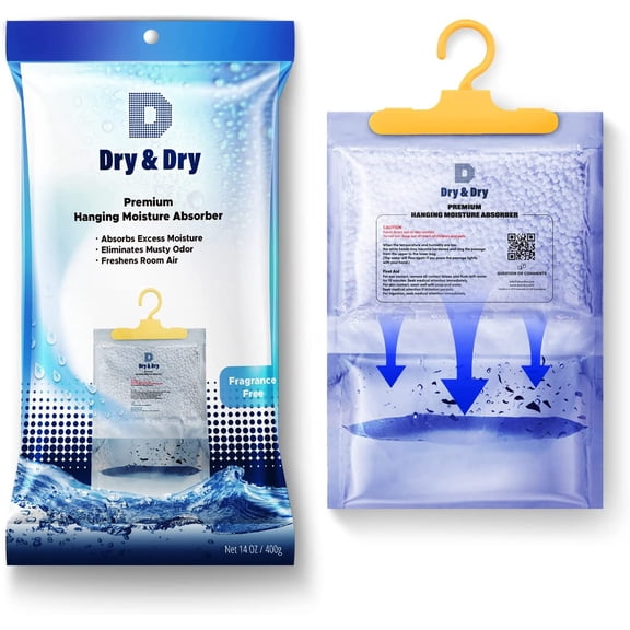 [2 pack][Net 7 Oz/Pack] "Dry & Dry" Premium Hanging Moisture Absorber to Control Excess Moisture for Basements, Bathrooms, Laundry Rooms, and Closet.