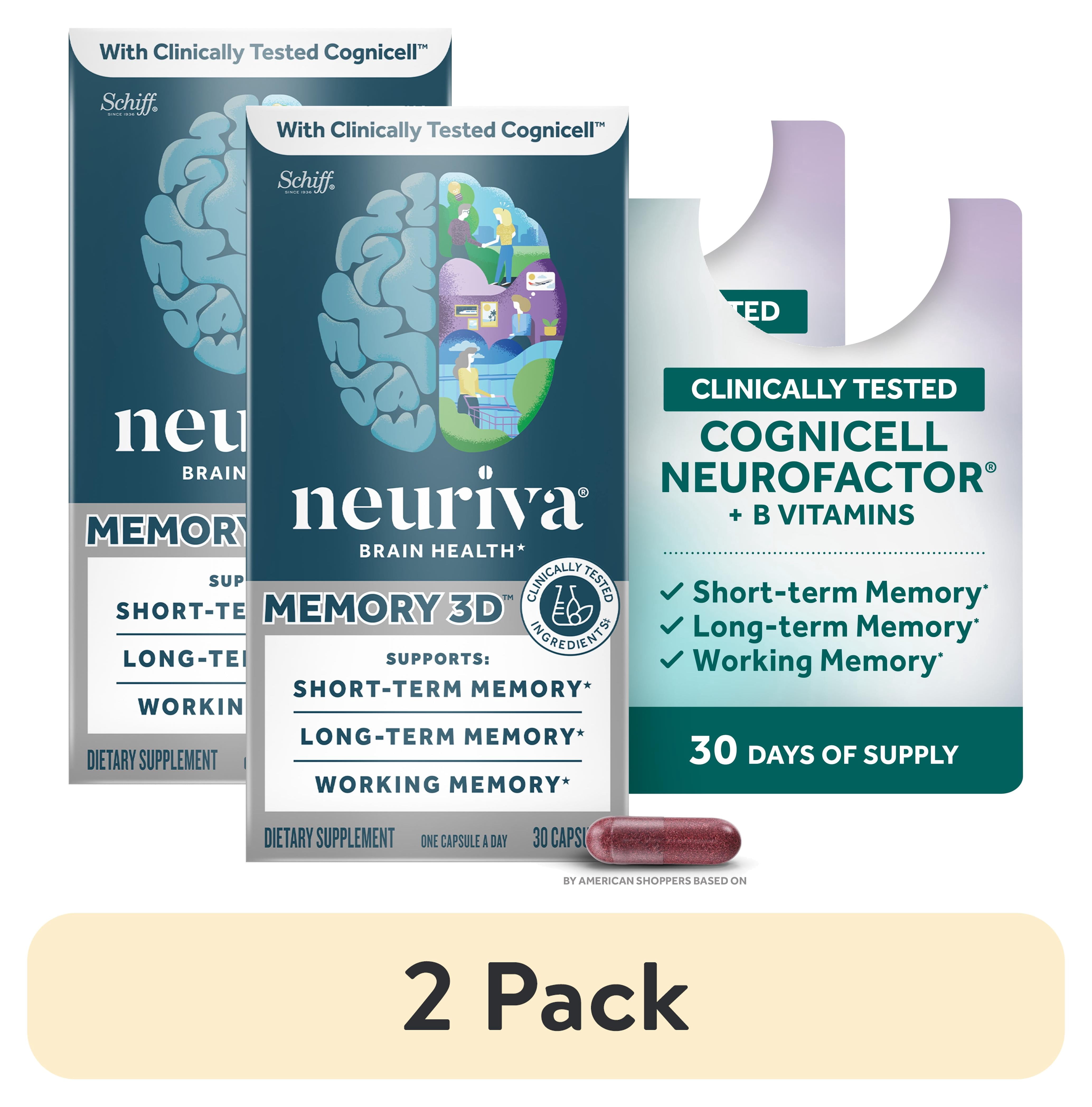 (2 pack) Neuriva Memory 3D Brain Supplements for Memory and Focus, Vitamin B12 & B6, Folic Acid, 30 Count Capsules