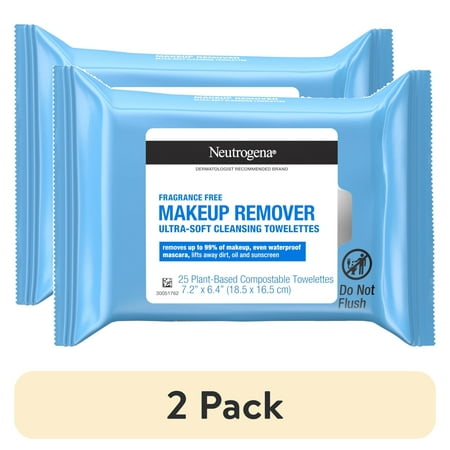 (2 pack) Neutrogena Makeup Remover Wipes & Face Cleansing Towelettes, Fragrance-Free, 25 Count, 2 Pack