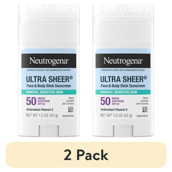 (2 pack) Neutrogena Ultra Sheer SPF 50 Mineral Sunscreen Stick, Face Sunscreen, Zinc Oxide, 1.5 oz