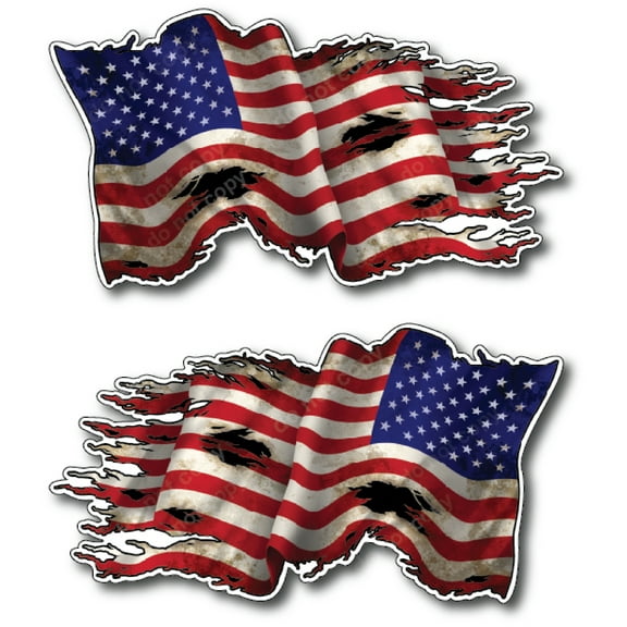 2 pack New Tattered Waving USA American Flag Vinyl Decal Army Navy Military Country Stickers Car Truck 4" x 7" 1 regular 1 mirrored reverse left facing right facing backwards