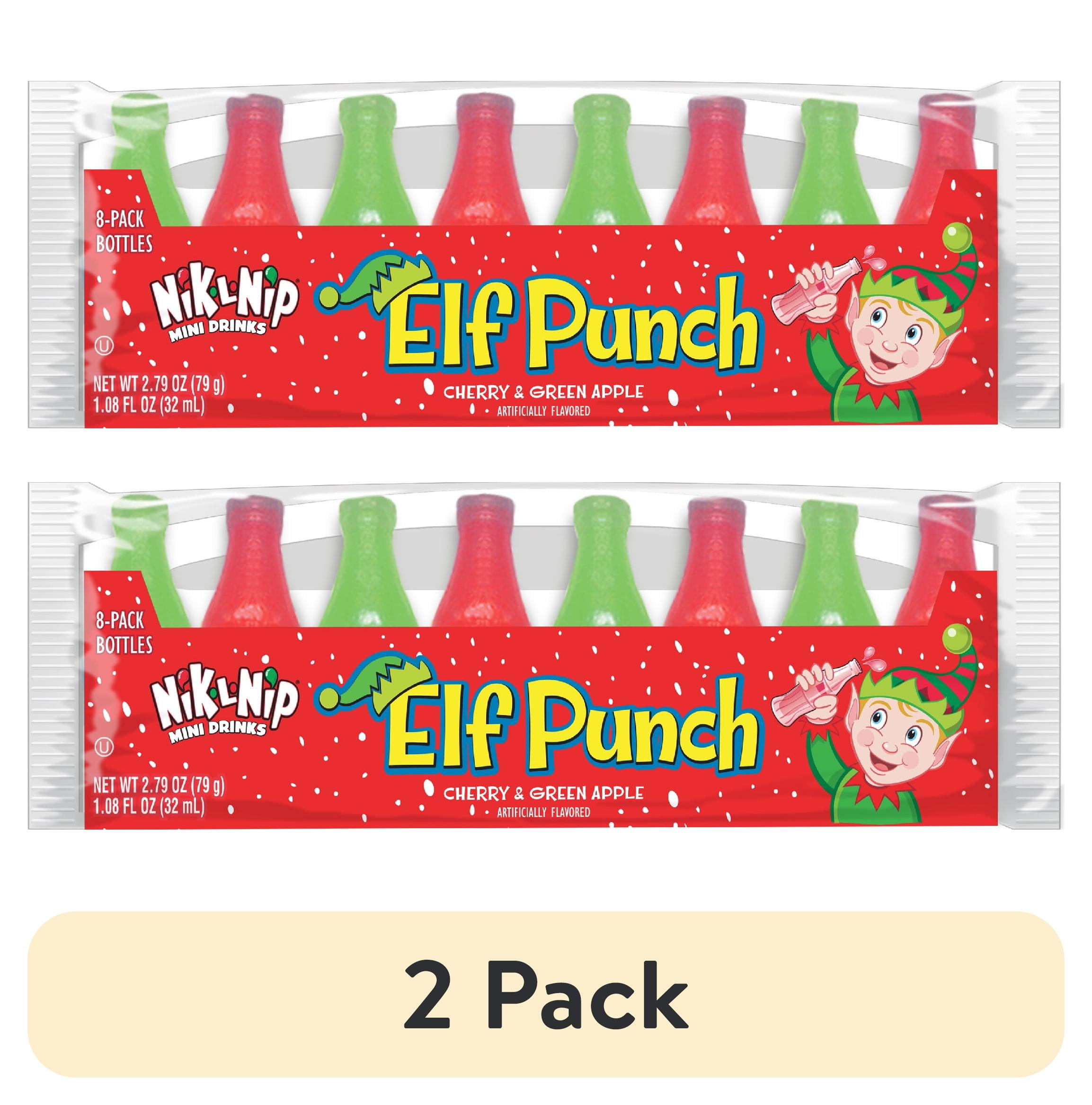 (2 pack) Nik-L-Nip Elf Punch Mini Drinks in Wax Bottles, Green Apple and Cherry Flavors, 8-Pack, Peanut and Gluten Free