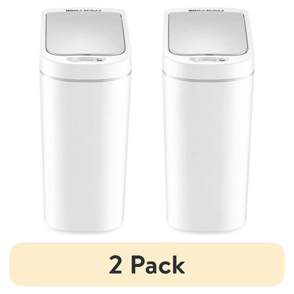 (2 pack) Nine Stars Automatic Bathroom Trash Can, 2 Gallon Plastic Motion Sensor Garbage Bin with Soft Close Lid, White