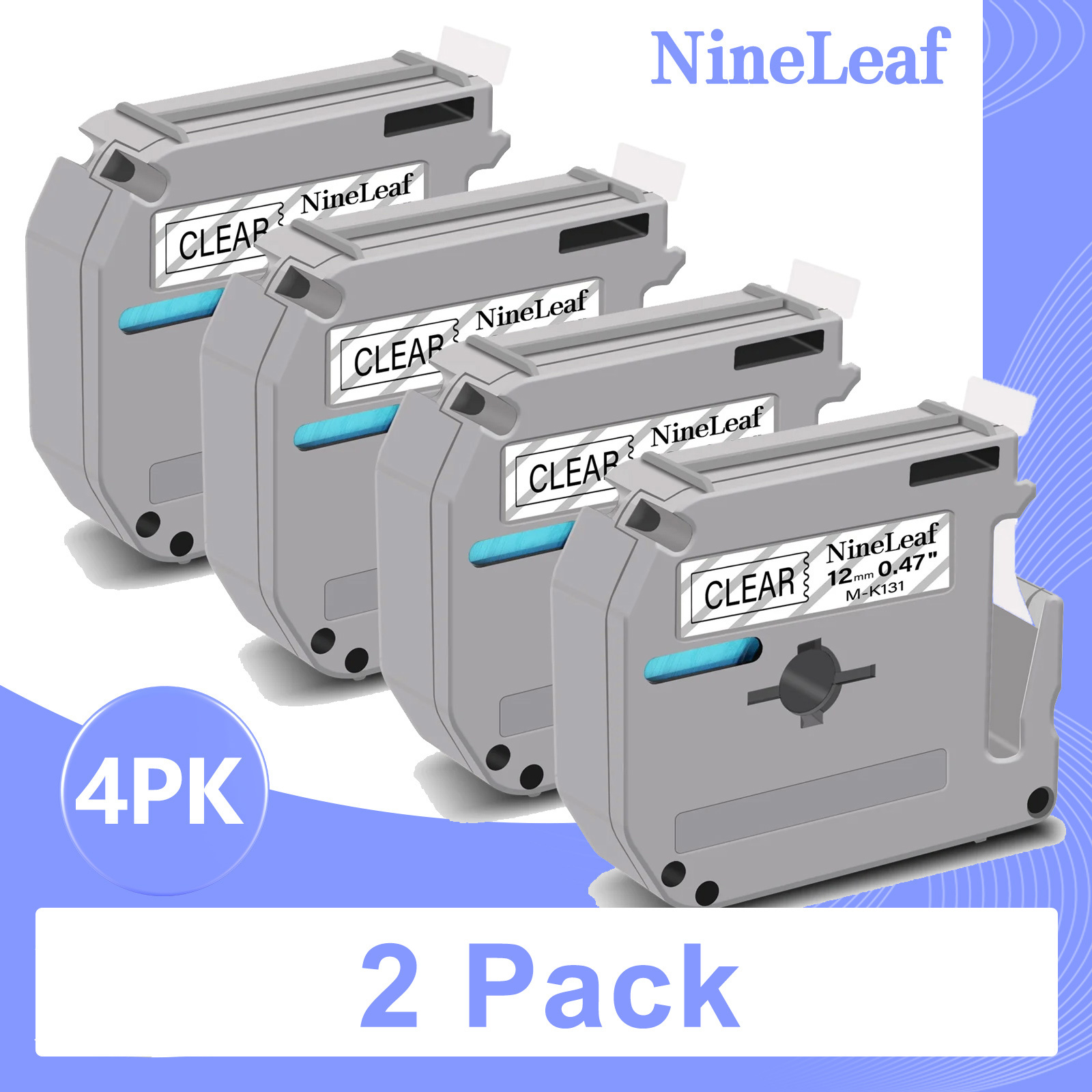 (2 pack) NineLeaf 4PK Compatible for Brother P-touch M-K131 M-K131s M131 1/2" 12mm Black on Clear Label Maker Tape Refills for PT-45m PT-65 PT-70bm