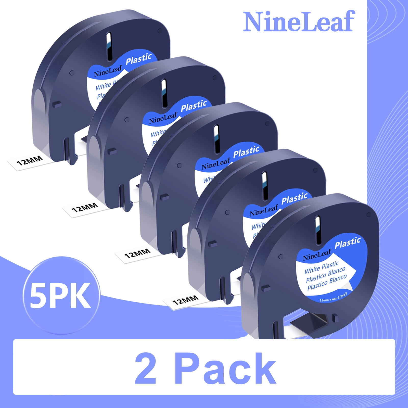 (2 pack) NineLeaf 5PK Compatible for DYMO LetraTag Refills 91331 12mm 1/2" White Plastic Label Maker Tape